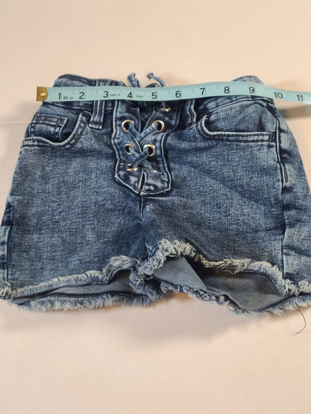 Justice Stylish Lace-Up Frayed Hem Girls Denim Shorts Dark Blue Size 8 Slim EUC